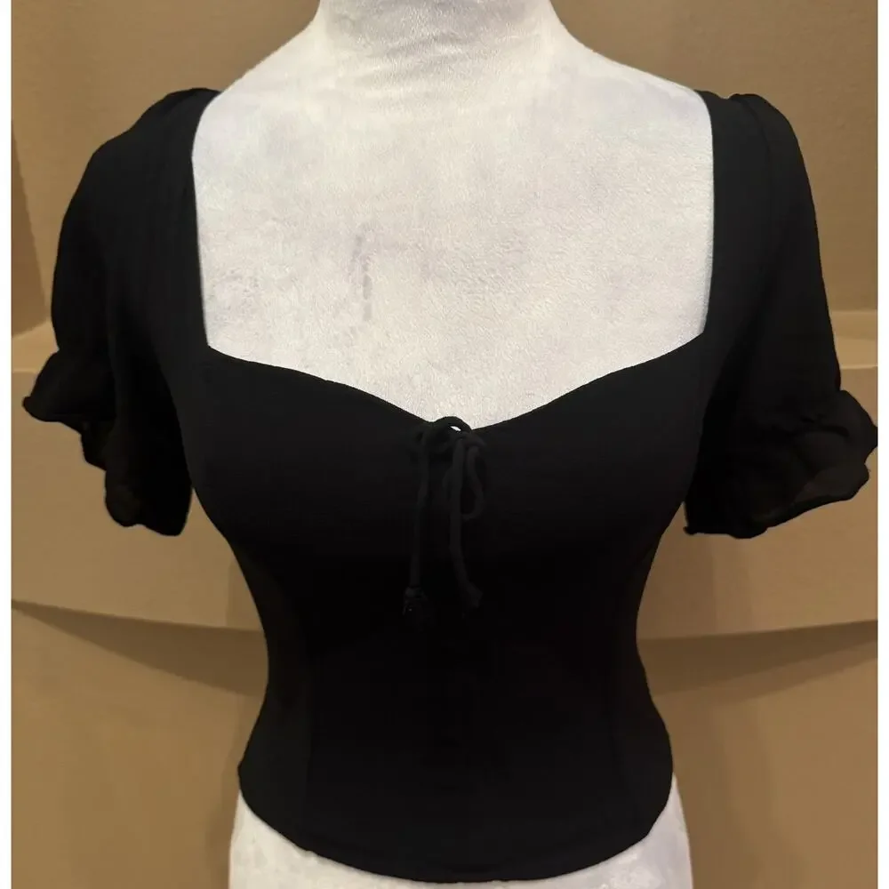 Reformation Delevan Puff Sleeve Crepe Top Black Women's Size 2
